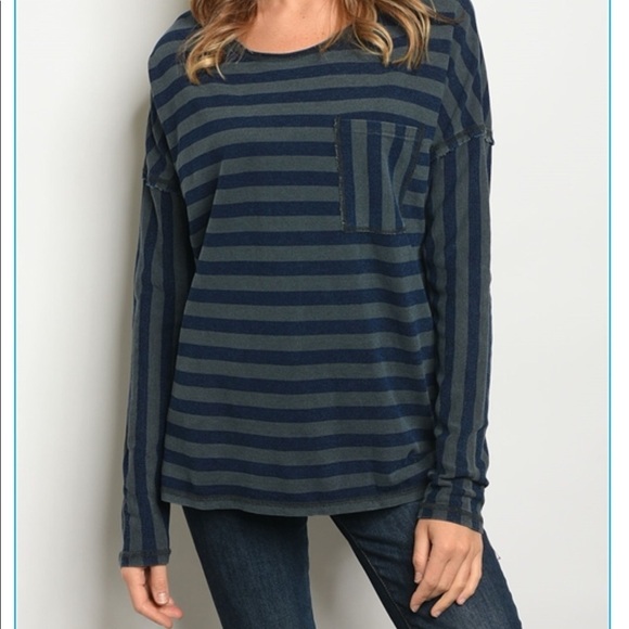 Olive & Navy Striped Top Open Back - Picture 5 of 8